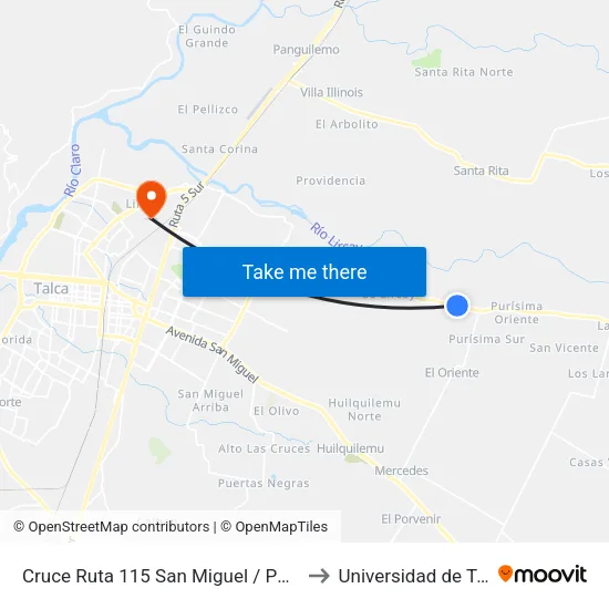 Cruce Ruta 115 San Miguel / Parada 2 to Universidad de Talca map