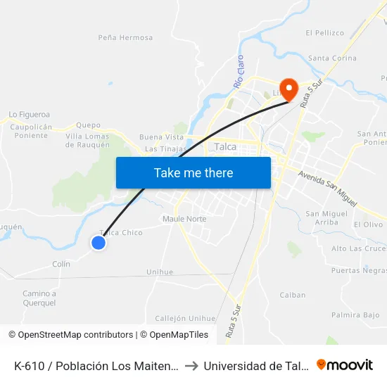 K-610 / Población Los Maitenes to Universidad de Talca map