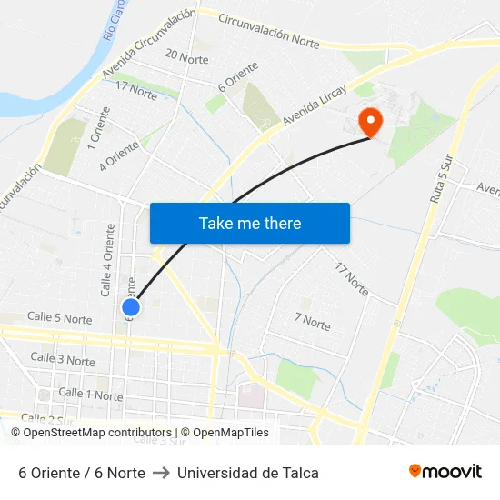 6 Oriente / 6 Norte to Universidad de Talca map