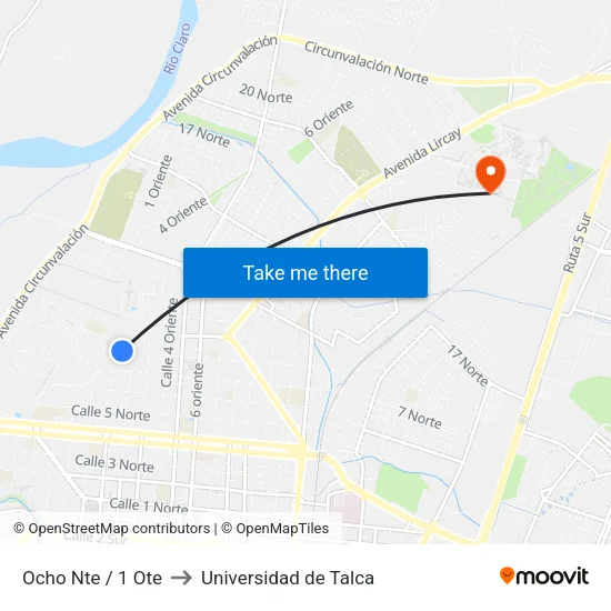 Ocho Nte / 1 Ote to Universidad de Talca map