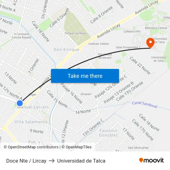 Doce Nte / Lircay to Universidad de Talca map