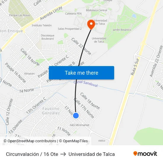 Circunvalación / 16 Ote to Universidad de Talca map