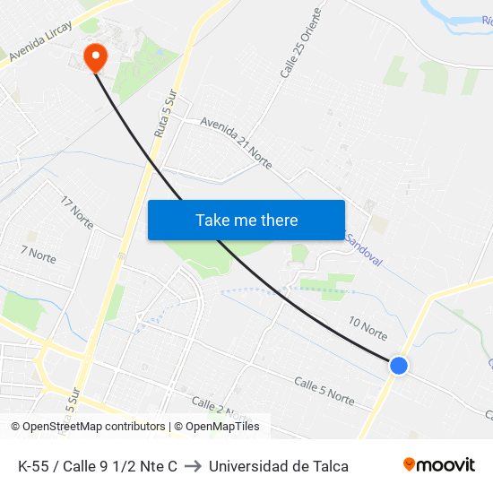 K-55 / Calle 9 1/2 Nte C to Universidad de Talca map