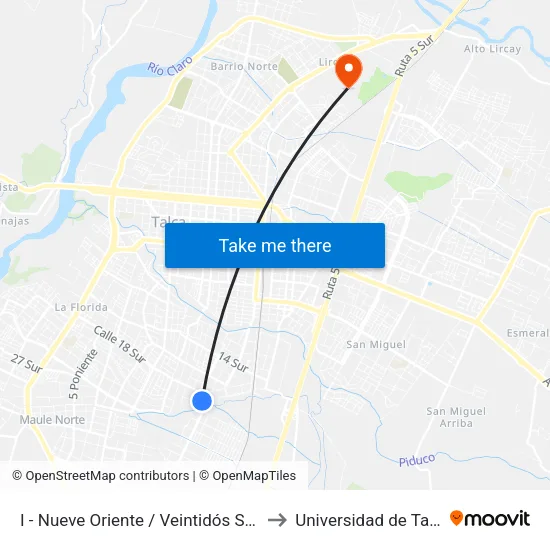 I - Nueve Oriente / Veintidós Sur O to Universidad de Talca map