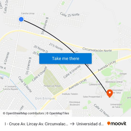 I - Cruce Av. Lircay-Av. Circunvalación / 21 Nte to Universidad de Talca map