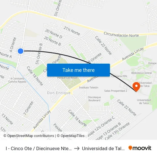 I - Cinco Ote / Diecinueve Nte B to Universidad de Talca map
