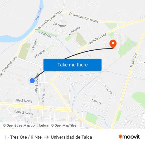 I - Tres Ote / 9 Nte to Universidad de Talca map