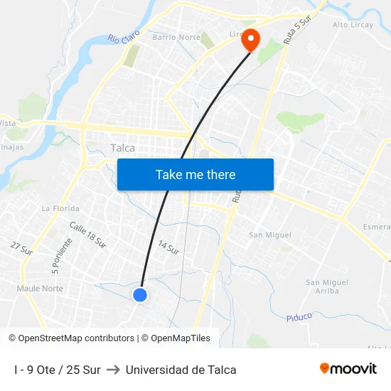 I - 9 Ote / 25 Sur to Universidad de Talca map