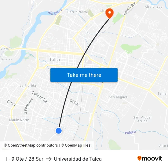 I - 9 Ote / 28 Sur to Universidad de Talca map