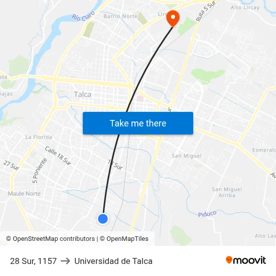 28 Sur, 1157 to Universidad de Talca map