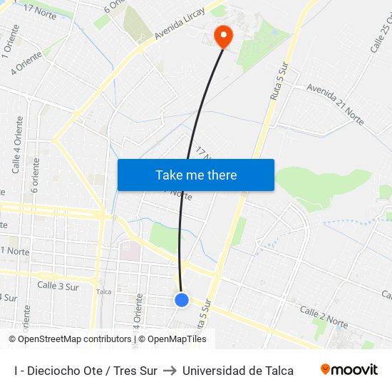 I - Dieciocho Ote / Tres Sur to Universidad de Talca map