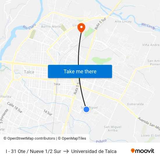 I - 31 Ote / Nueve 1/2 Sur to Universidad de Talca map