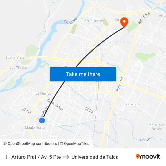 I - Arturo Prat / Av. 5 Pte to Universidad de Talca map