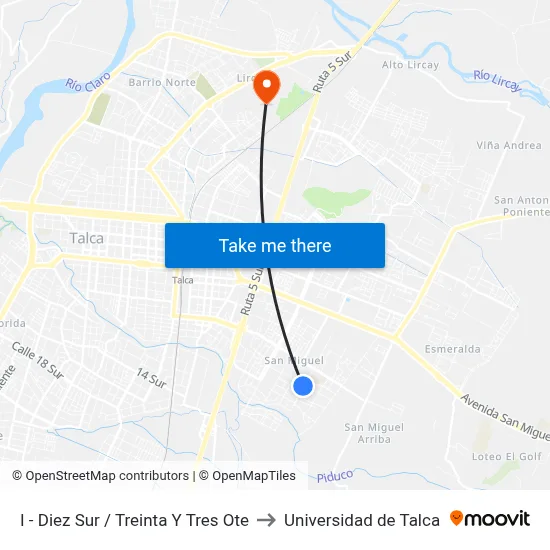 I - Diez Sur / Treinta Y Tres Ote to Universidad de Talca map