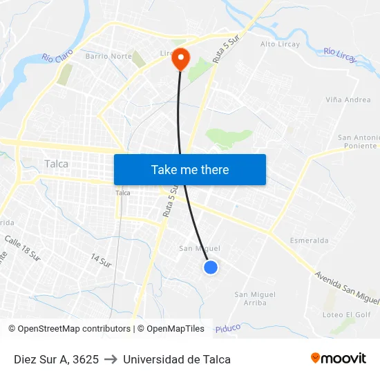 Diez Sur A, 3625 to Universidad de Talca map