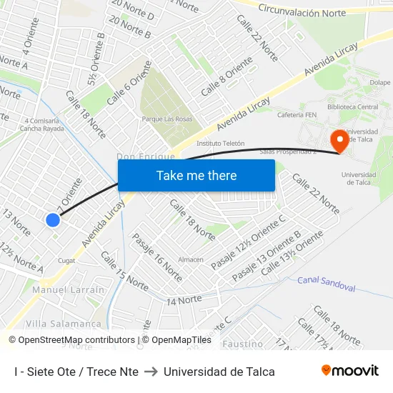 I - Siete Ote / Trece Nte to Universidad de Talca map