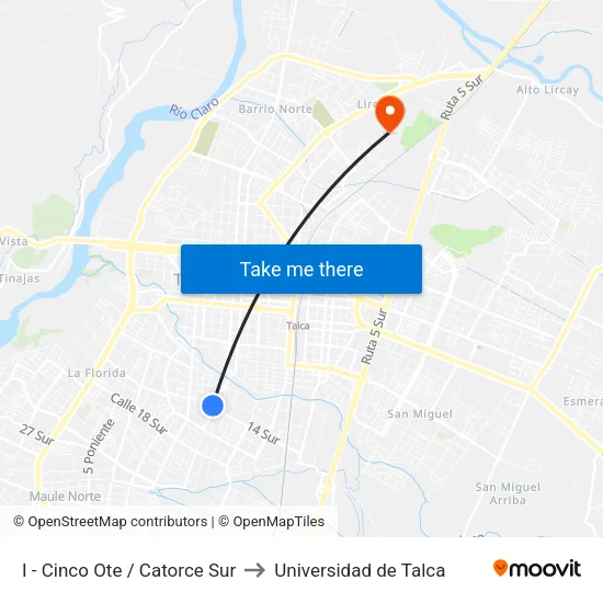 I - Cinco Ote / Catorce Sur to Universidad de Talca map