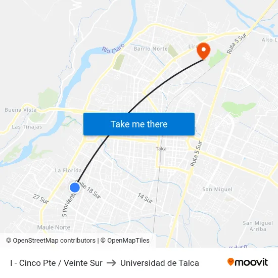 I - Cinco Pte / Veinte Sur to Universidad de Talca map