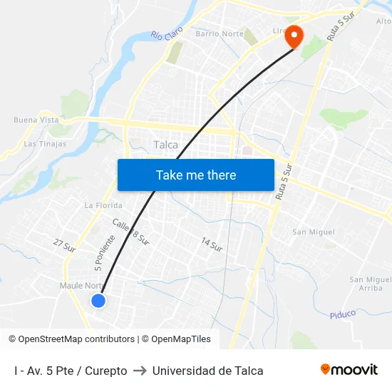 I - Av. 5 Pte / Curepto to Universidad de Talca map