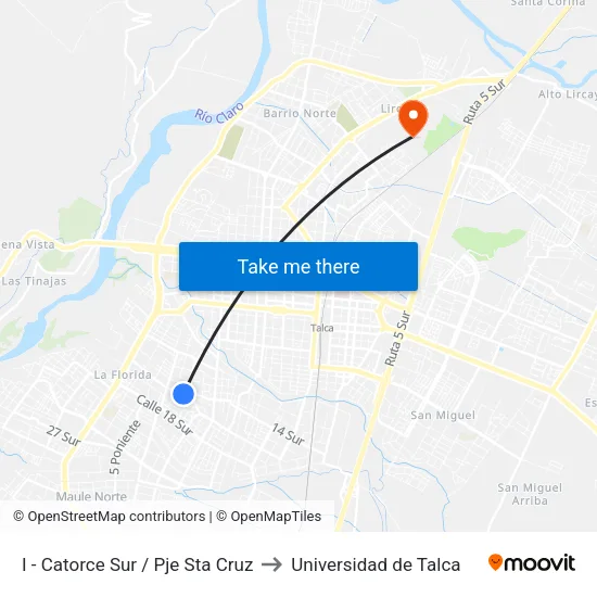 I - Catorce Sur / Pje Sta Cruz to Universidad de Talca map