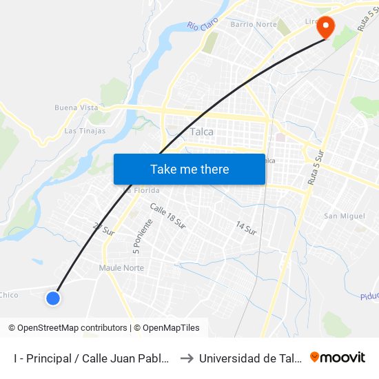 I - Principal / Calle Juan Pablo II to Universidad de Talca map