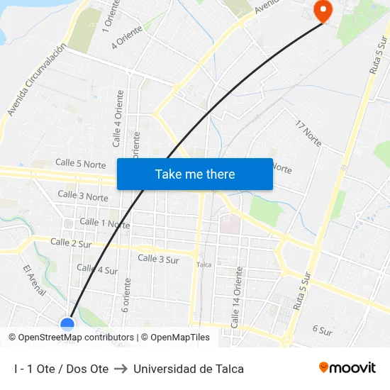 I - 1 Ote / Dos Ote to Universidad de Talca map