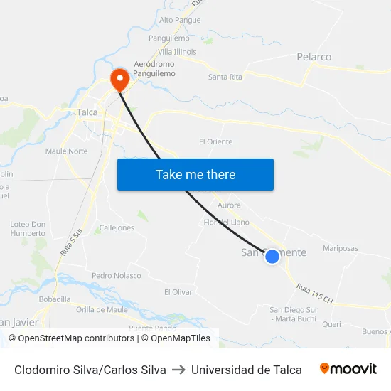 Clodomiro Silva/Carlos Silva to Universidad de Talca map