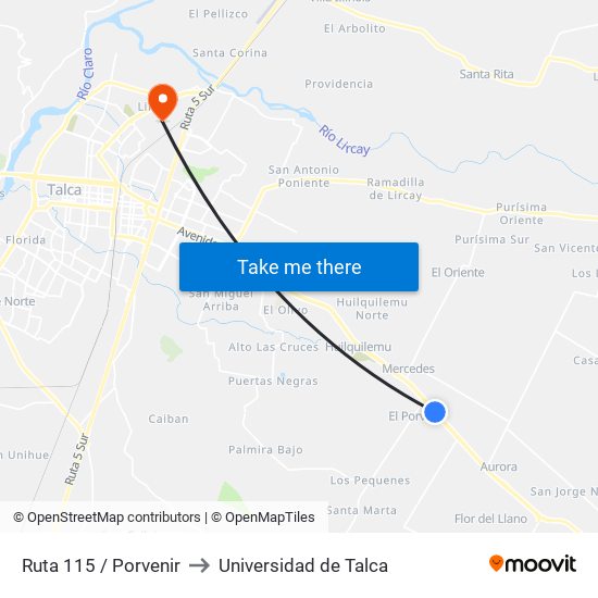 Ruta 115 / Porvenir to Universidad de Talca map