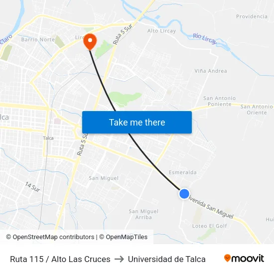 Ruta 115 / Alto Las Cruces to Universidad de Talca map