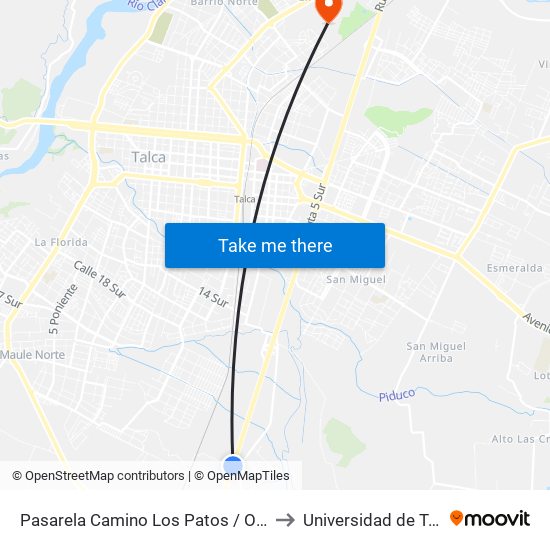 Pasarela Camino Los Patos / Oriente to Universidad de Talca map