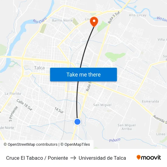 Cruce El Tabaco / Poniente to Universidad de Talca map