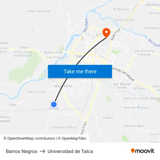 Barros Negros to Universidad de Talca map