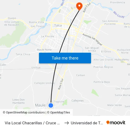Via Local Chacarillas / Cruce Maule to Universidad de Talca map