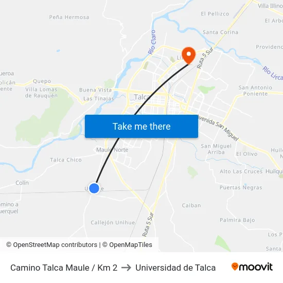 Camino Talca Maule / Km 2 to Universidad de Talca map