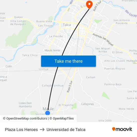 Plaza Los Heroes to Universidad de Talca map