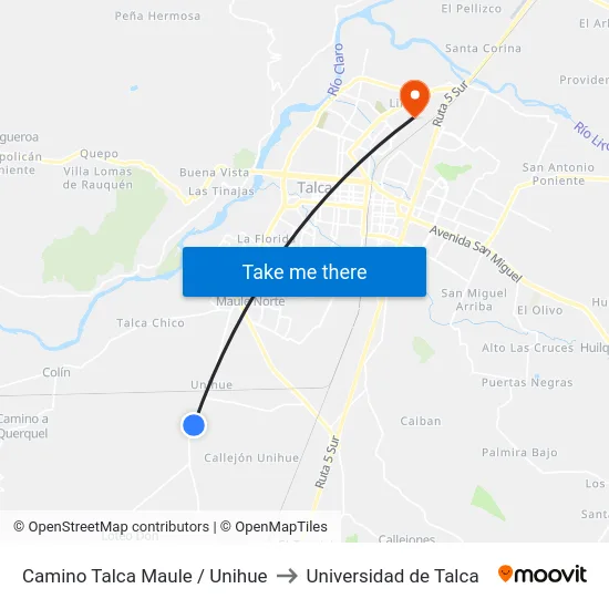 Camino Talca  Maule / Unihue to Universidad de Talca map