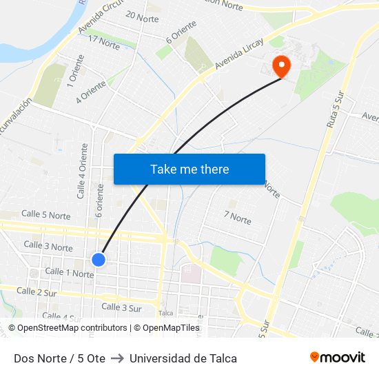 Dos Norte / 5 Ote to Universidad de Talca map