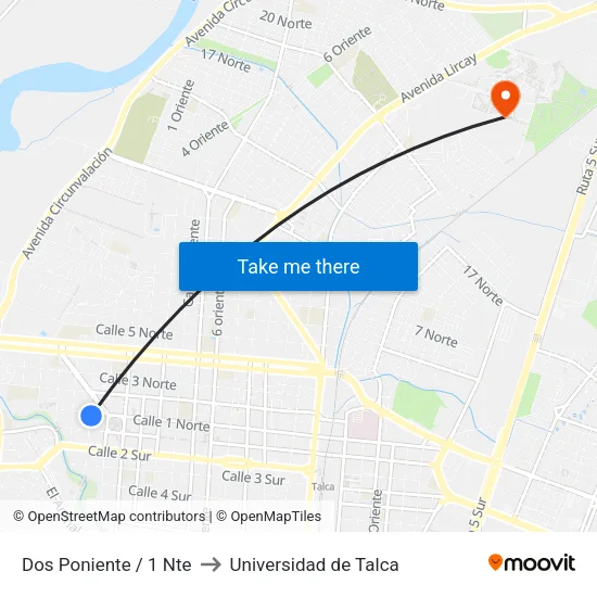 Dos Poniente / 1 Nte to Universidad de Talca map