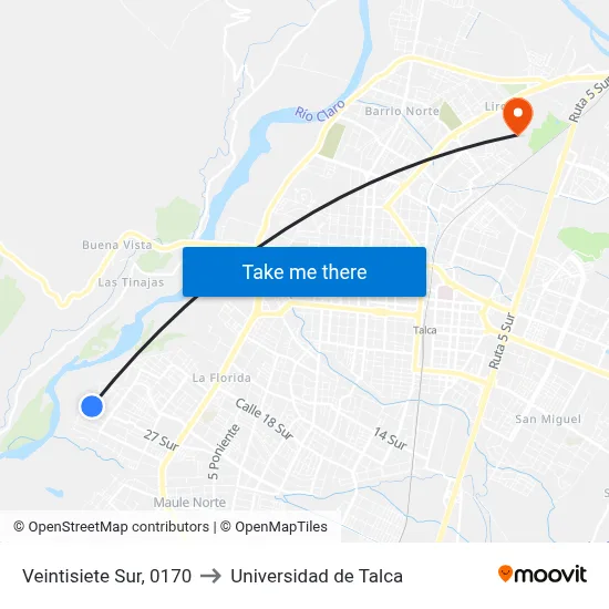 Veintisiete Sur, 0170 to Universidad de Talca map