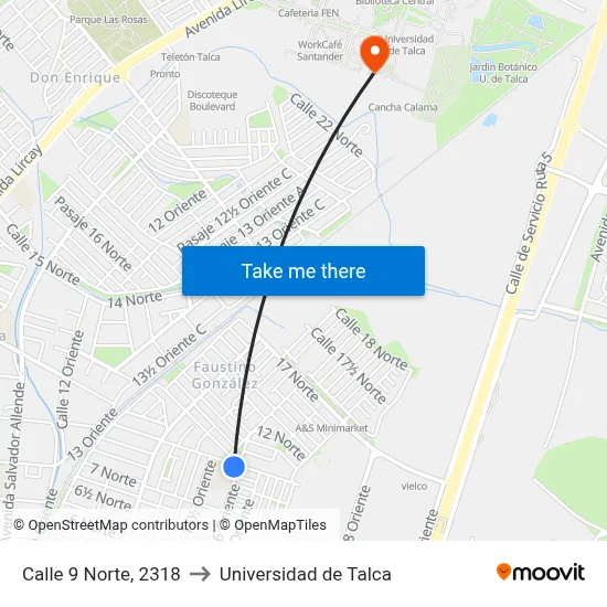 Calle 9 Norte, 2318 to Universidad de Talca map
