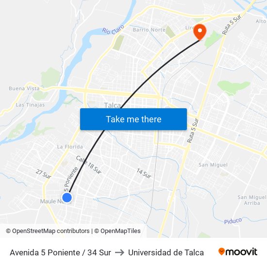 Avenida 5 Poniente / 34 Sur to Universidad de Talca map