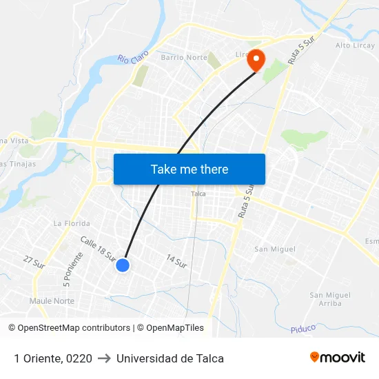 1 Oriente, 0220 to Universidad de Talca map