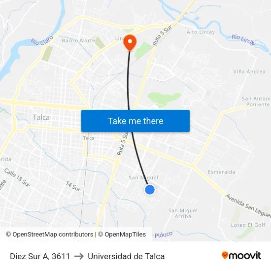 Diez Sur A, 3611 to Universidad de Talca map