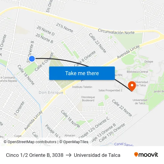 Cinco 1/2 Oriente B, 3038 to Universidad de Talca map