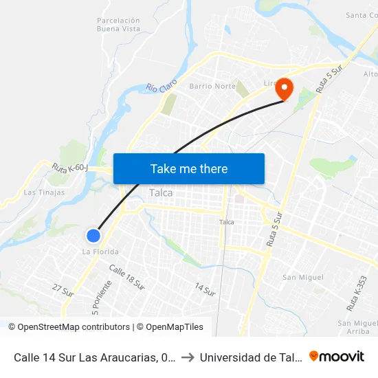 Calle 14 Sur Las Araucarias, 056 to Universidad de Talca map