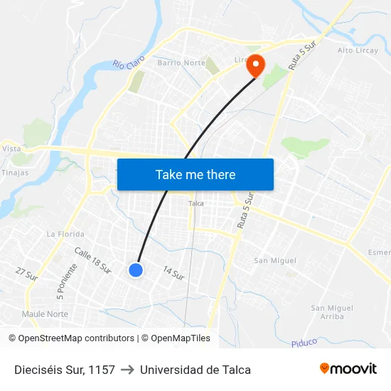 Dieciséis Sur, 1157 to Universidad de Talca map