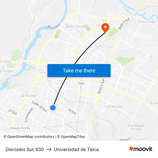 Dieciséis Sur, 830 to Universidad de Talca map