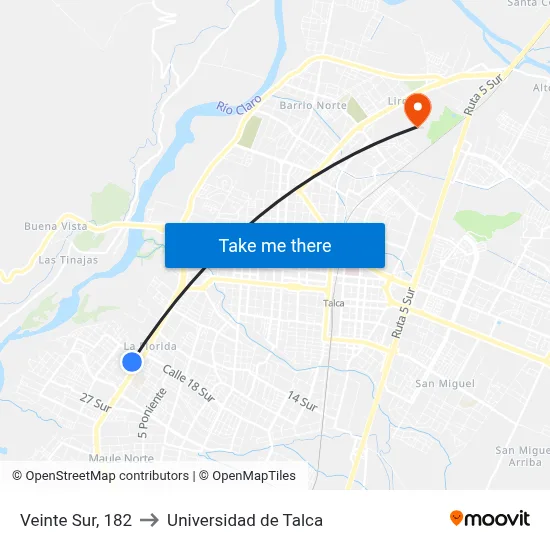 Veinte Sur, 182 to Universidad de Talca map