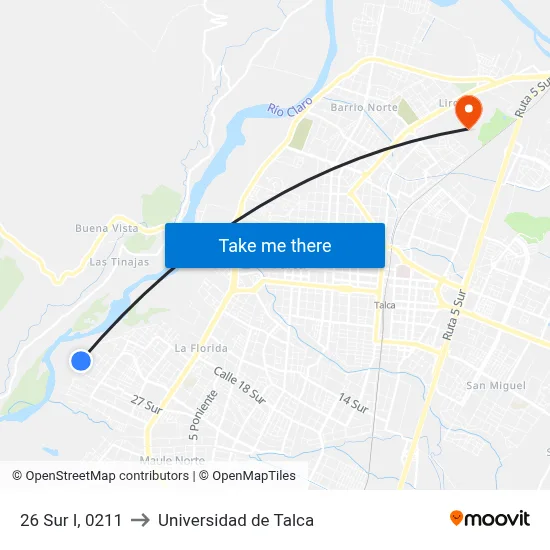 26 Sur I, 0211 to Universidad de Talca map