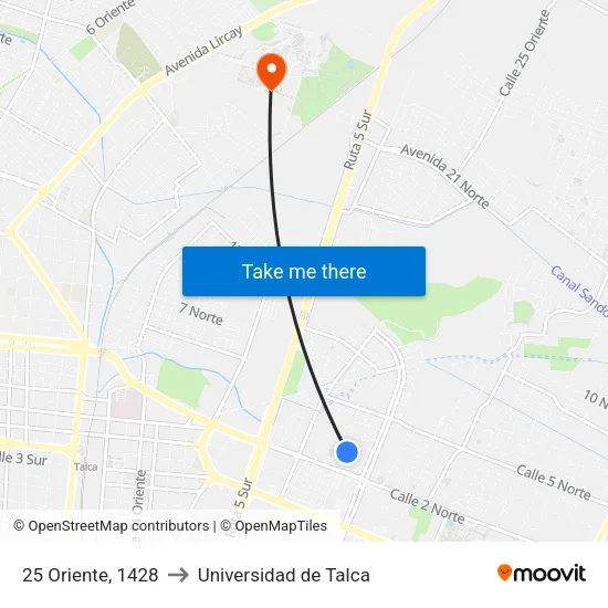 25 Oriente, 1428 to Universidad de Talca map